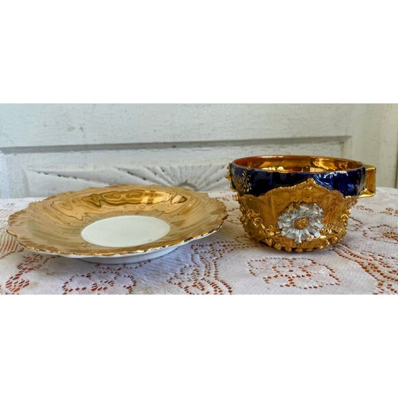 Antique German Porcelain Teacup Saucer Heavy Gold Cobalt Blue 3D Flower - Picture 8 of 16